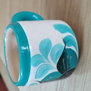 Hand Painted Mexican Ceramic Mug In The Style Of Talavera Teal Floral